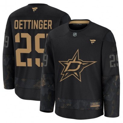 Men's Premium Dallas Stars Jake Oettinger Fanatics 2024 Military Appreciation Practice Jersey - Black