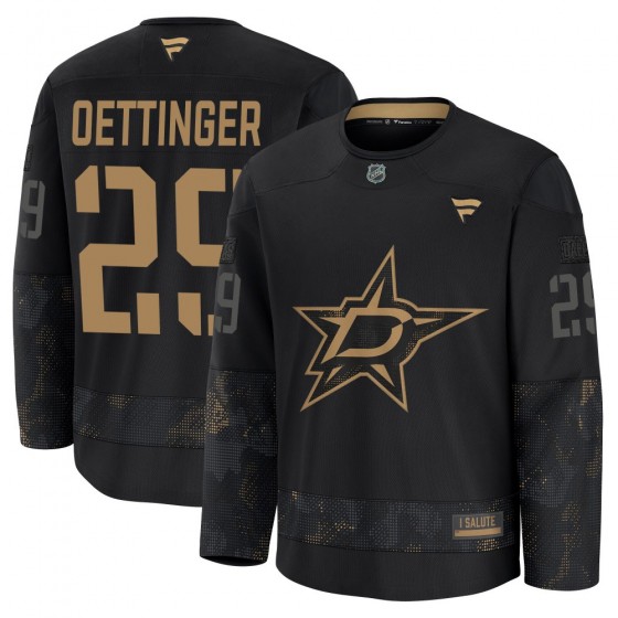 Youth Premium Dallas Stars Jake Oettinger Fanatics 2024 Military Appreciation Practice Jersey - Black